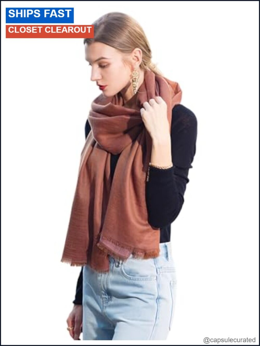100% Cashmere Scarf Wrap Reversible Two-Tone Oversized Fringed Shawl Stole